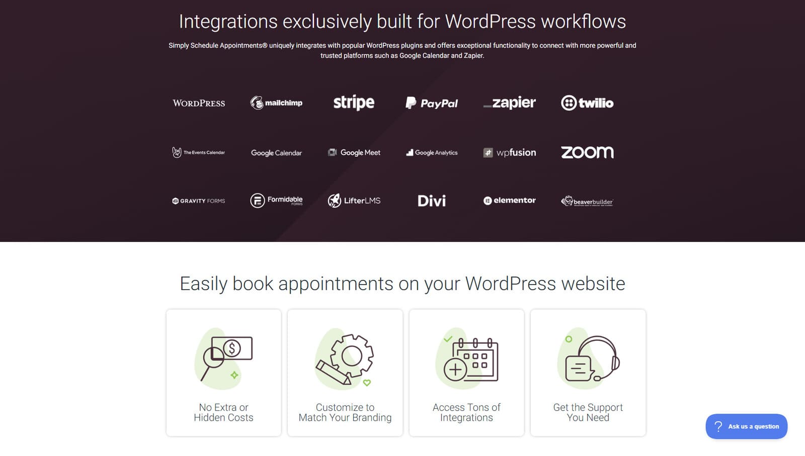 Image of supported third-party integrations available on the website of Simply Schedule Appointments.