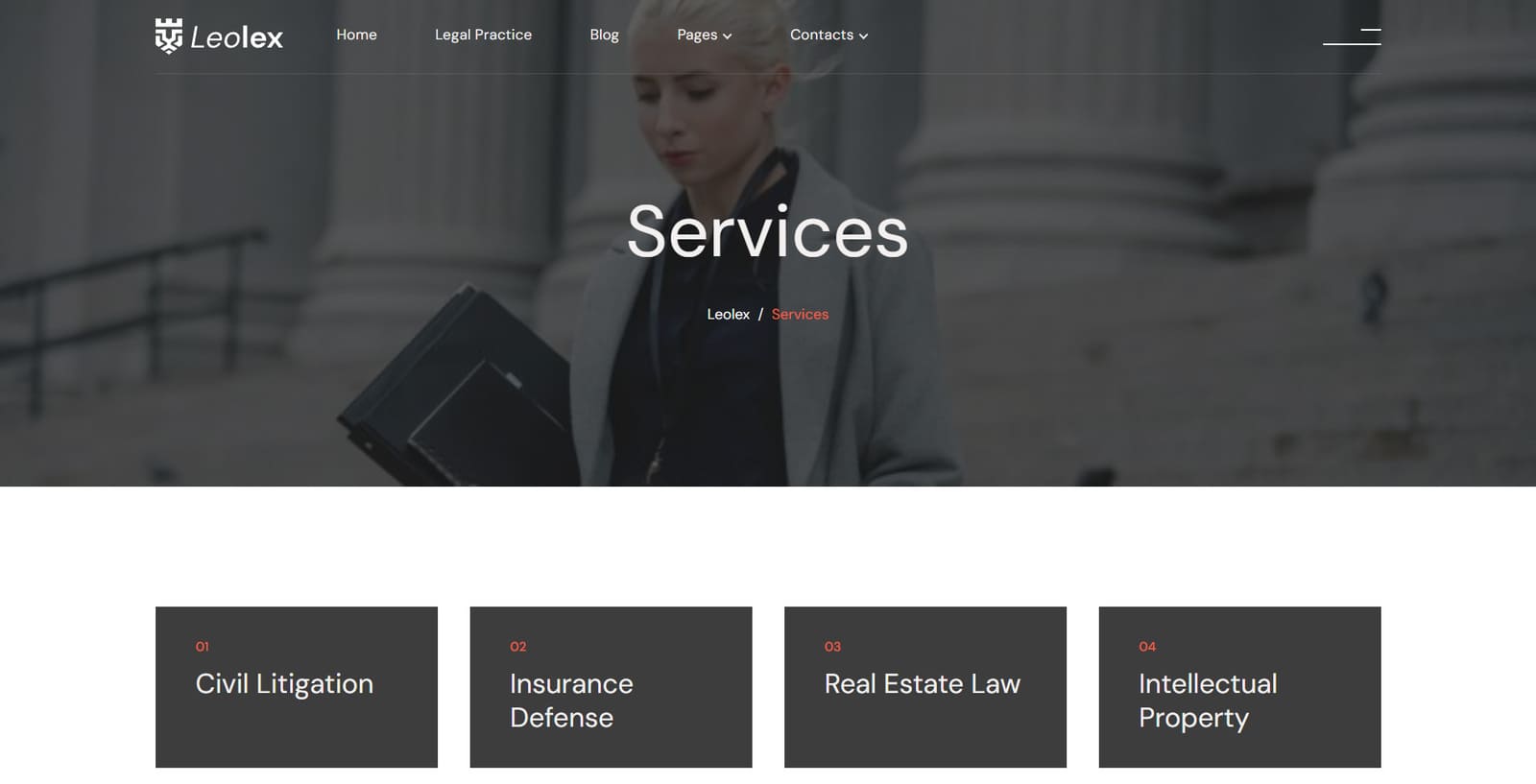 Portrait of the Services page of Leolex WordPress theme for lawyers.