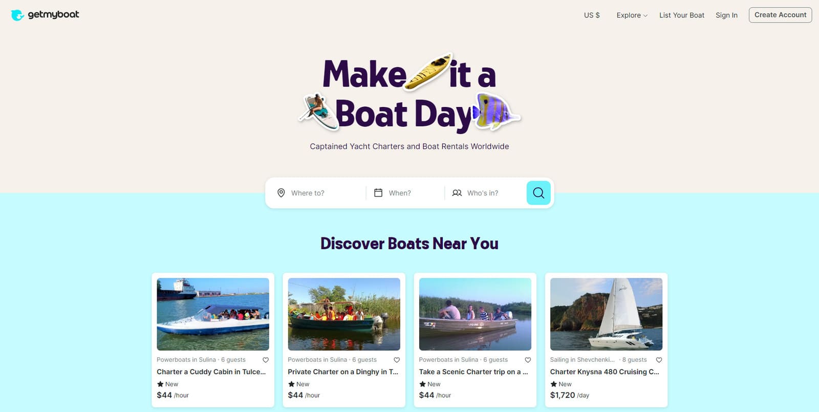 Graphic of GetMyBoat, a trending website used when you need to know how to rent out your boat.