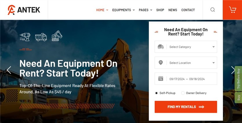 Screenshot of the Antek construction equipment rental theme demo website.