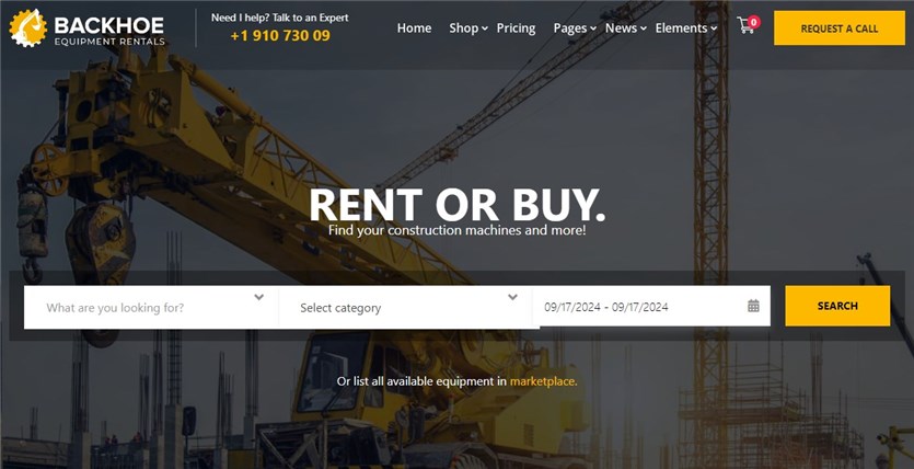 Screenshot of the Backhoe equipment rental WordPress theme demo.