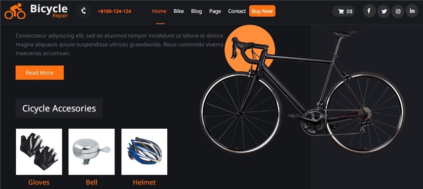 Screenshot of the Bike Rental Shop free WordPress demo site.