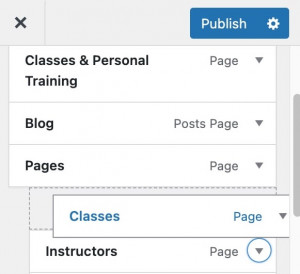 Menu items in the yoga WordPress theme.