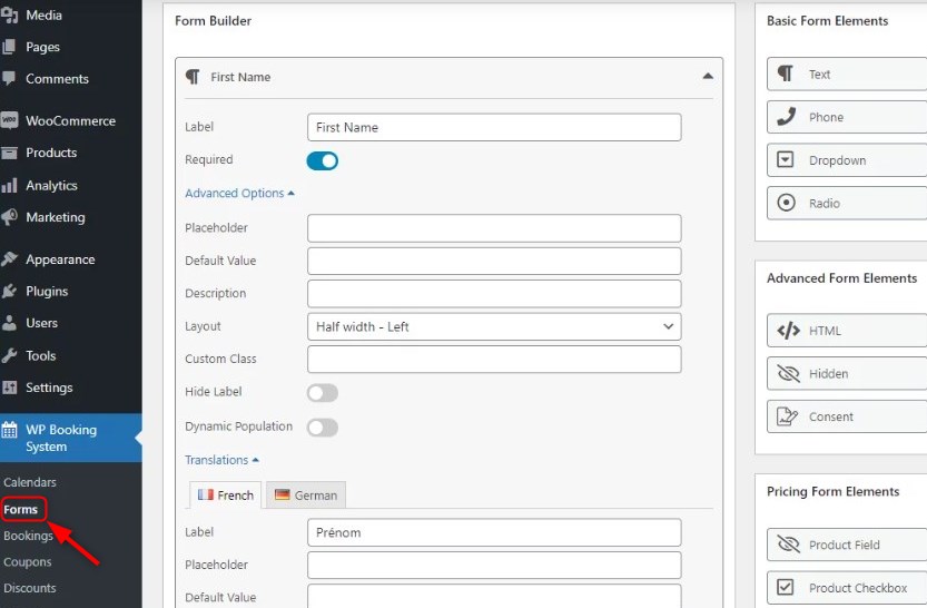 Screenshot of the WP Booking system hotel form builder.