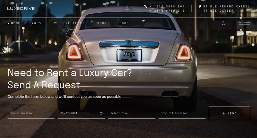 Screenshot of the LuxeDrive car theme for WordPress rental sites.