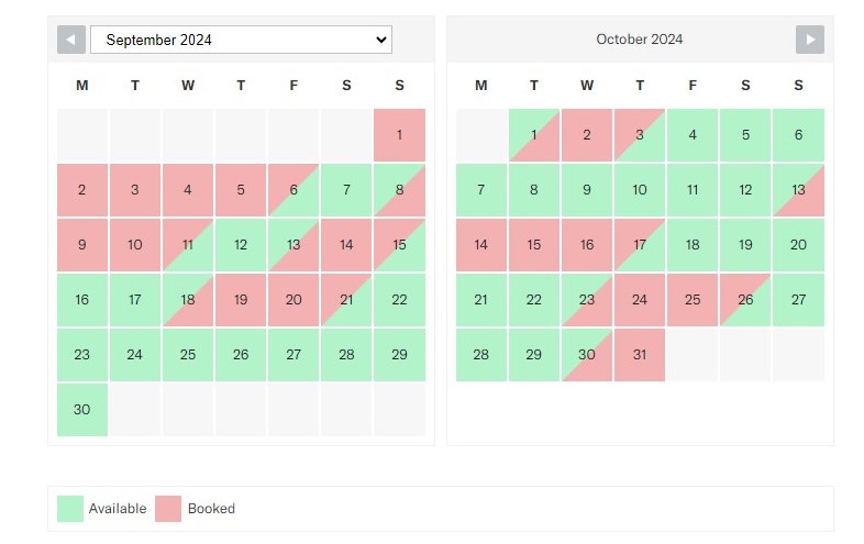 Screenshot of the WP Booking system availability calendar demo.