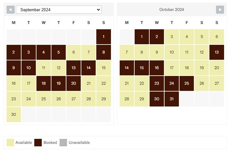 Screenshot of the WP Booking System calendar with custom legend items.