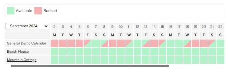 Screenshot of the WP Booking System overview calendar.