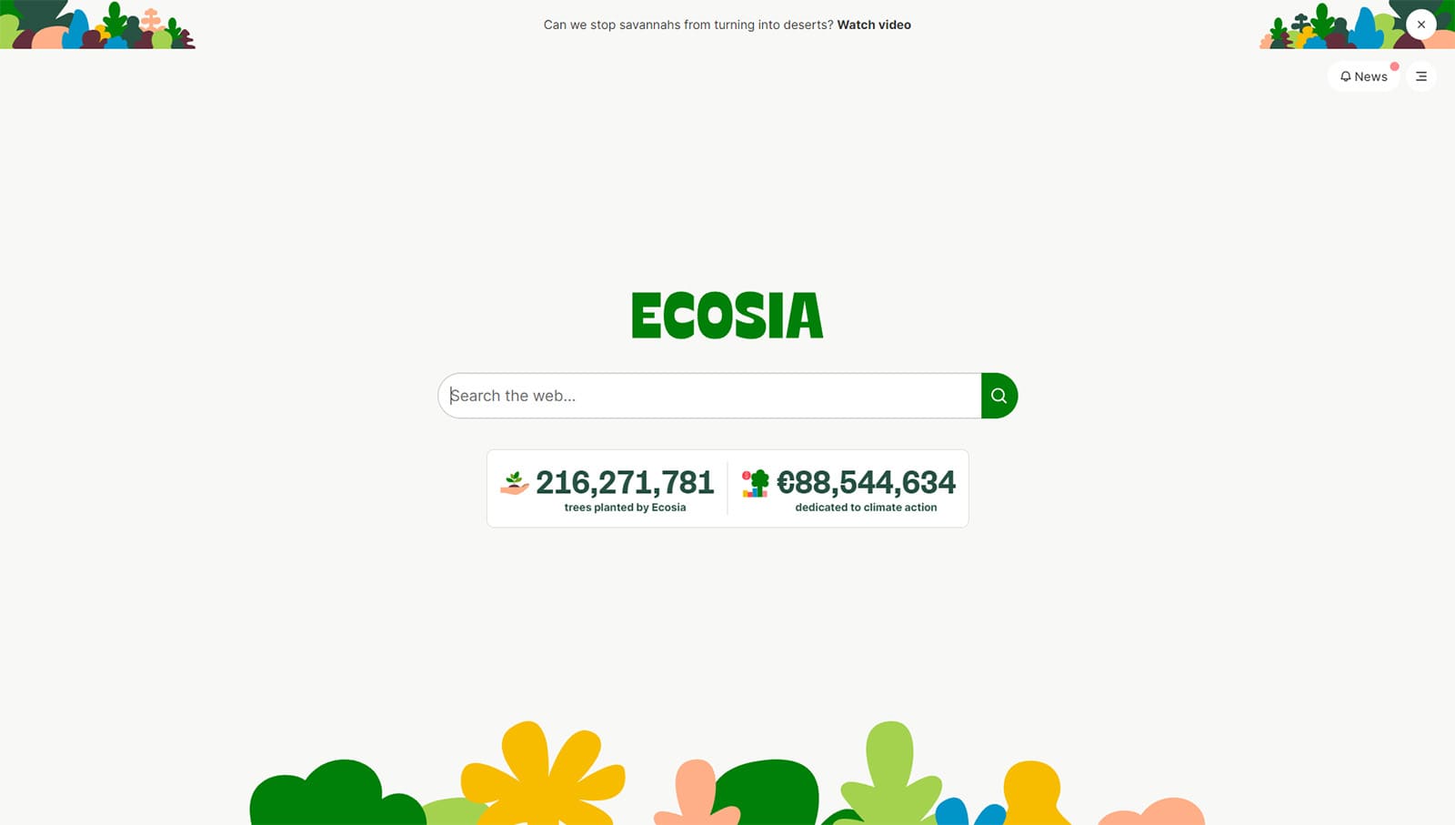 Image of Ecosia, a search engine that supports tree planting initiatives with integrated AI assistant.