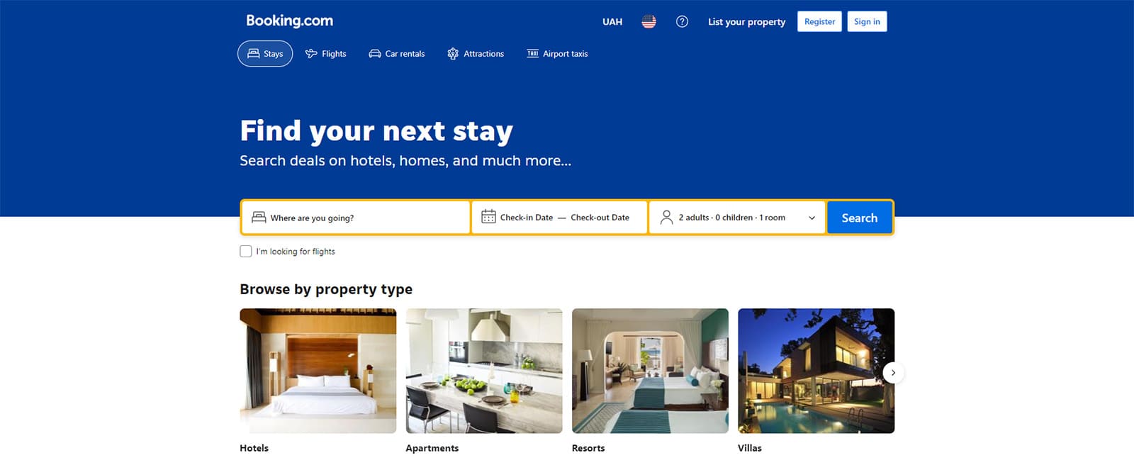 Picture of Booking.com website, a renowned leader in accommodation online booking.