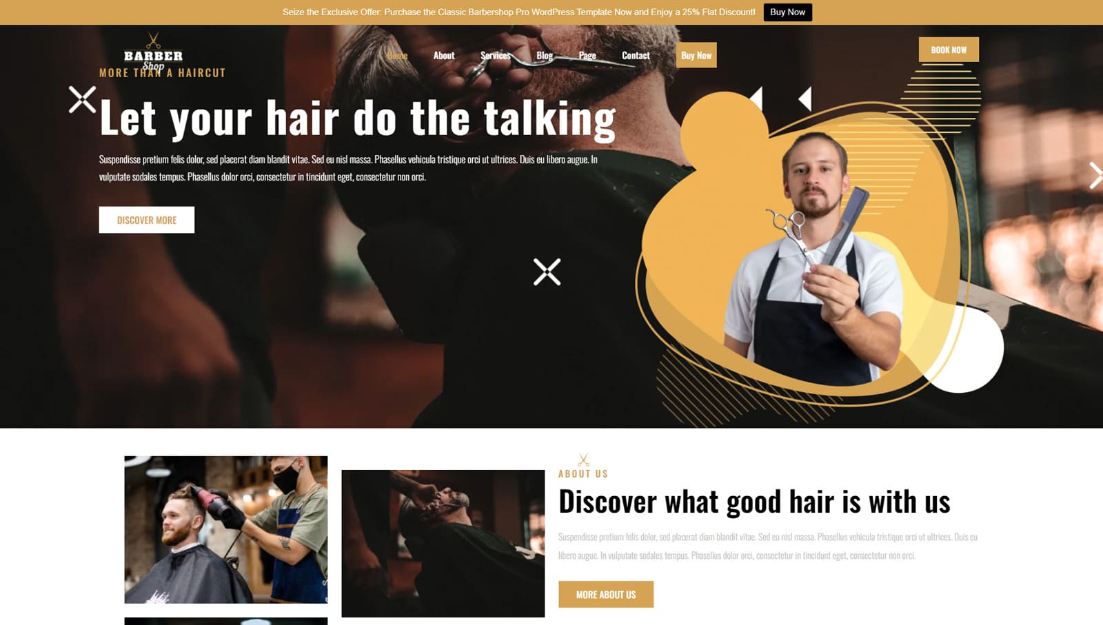 Graphic of Classic Barbershop, a free & responsive barbershop theme for WordPress with 9 ready-made pages.