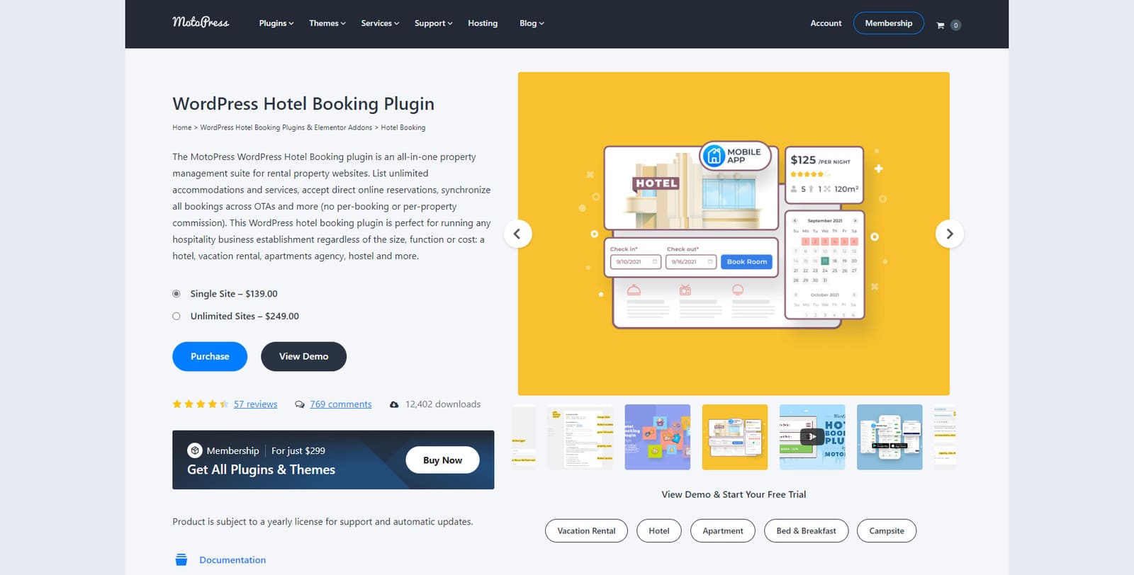 Graphic of MotoPress Hotel Booking, a Booking.com WordPress plugin optimized for efficient accommodation management.