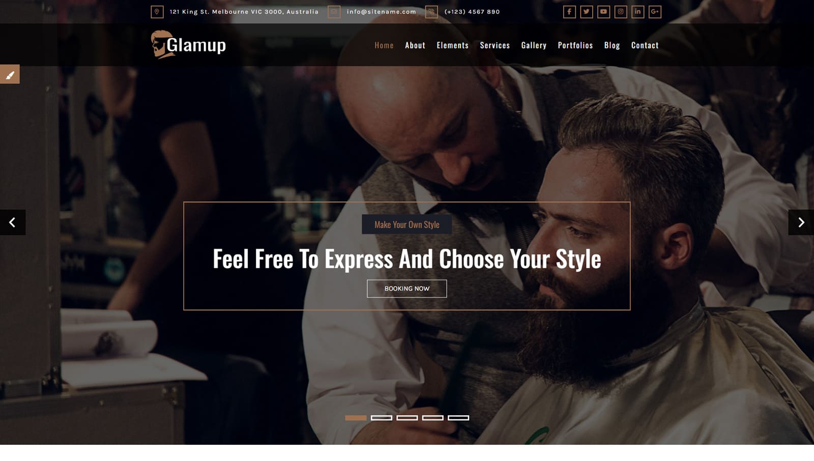 Photograph of Glamup, one of the barber website template designs with a full-width slider homepage section.