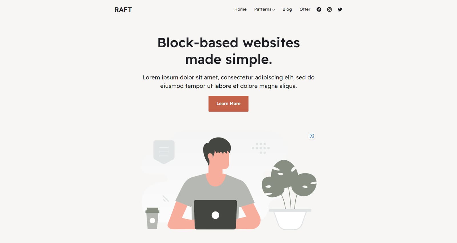 Representation of Raft, a simple yet well-designed WordPress FSE theme with 16 pre-designed style variations.