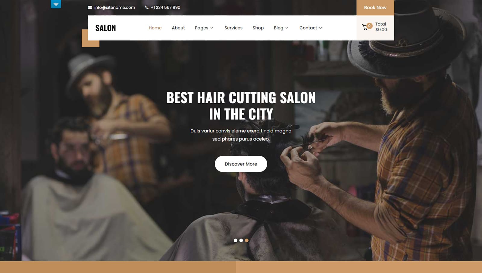 Representation of SKT Salon, a flexible theme for WordPress barbershop websites with multiple homepage content sections.