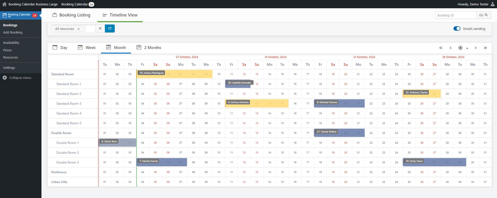 Representation of the timeline view of the WP Booking Calendar dashboard.