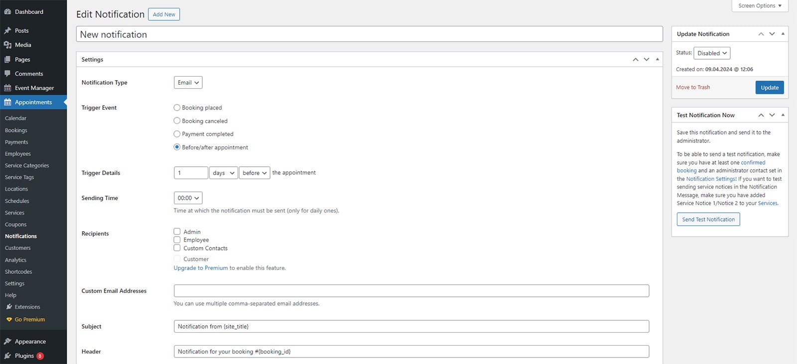 Portrait of email notification settings in the dashboard of the Appointment Booking plugin.