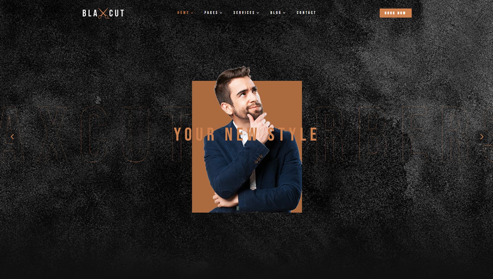 Figure of Blaxcut, an easy-to-configure WordPress theme for barbers with a full-width slider section.