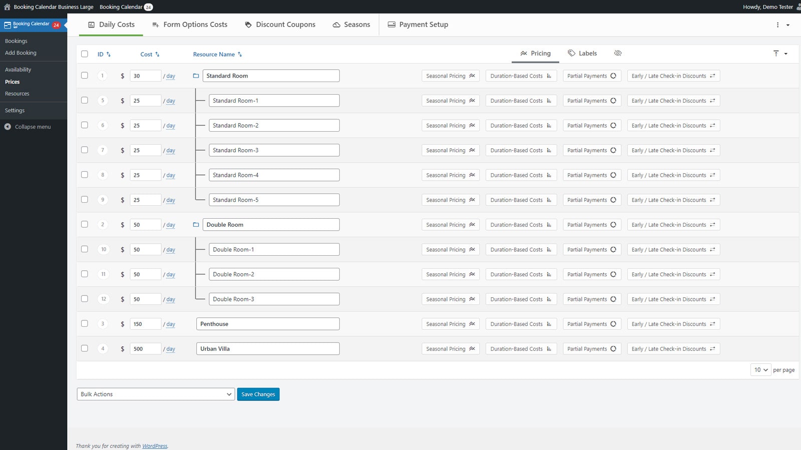 Picture of rate management feature of the WP Booking Calendar.