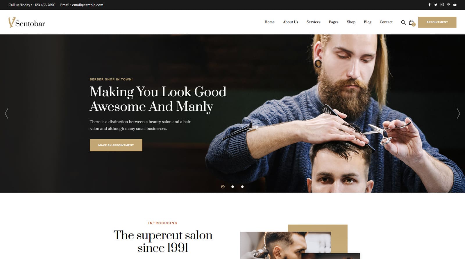 Picture of Sentobar, one of the barber website template designs with eCommerce-ready Shop pages.