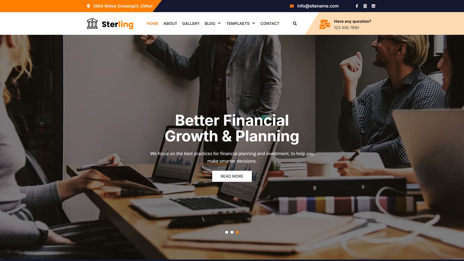 Picture of Sterling FSE, one of the best FSE themes for business with a full-width homepage slider section.