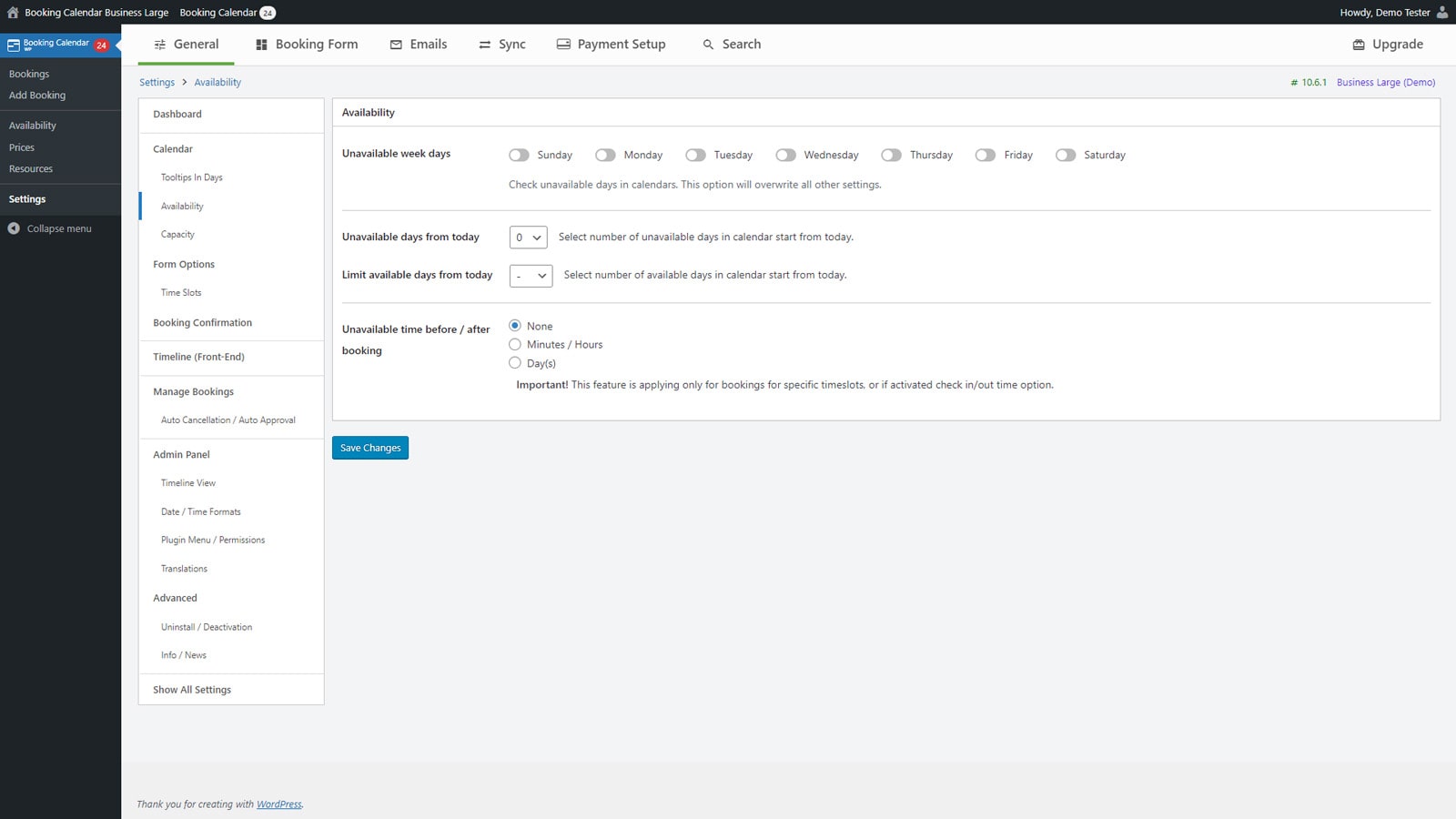 Snapshot of booking rules customization UI of the WP Booking Calendar.