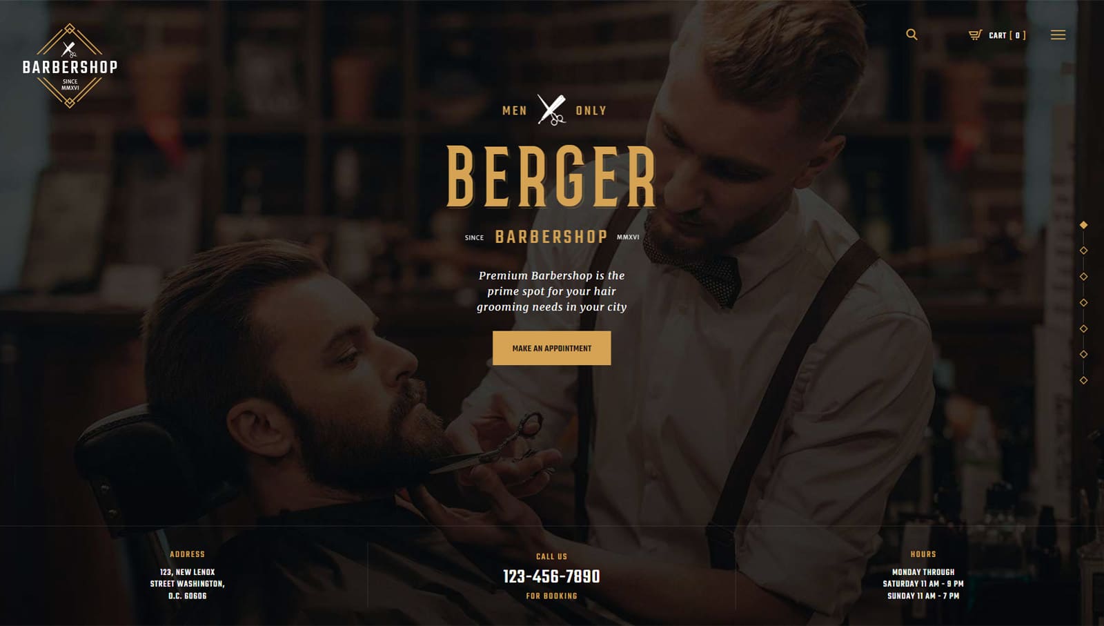 View of Berger, one of the barber website template designs with 2 homepage layouts.