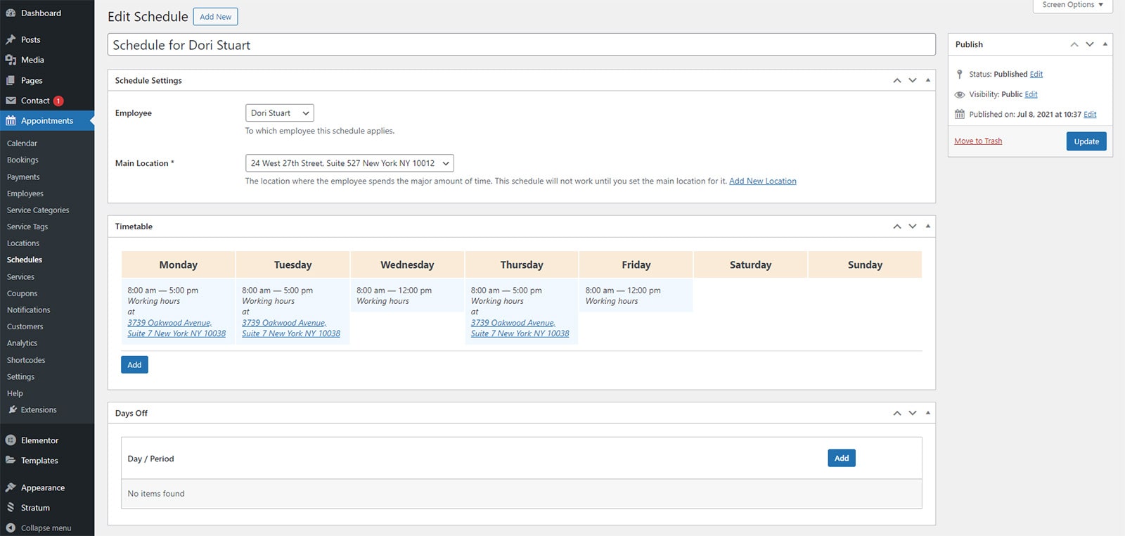 View of employee schedule supplied with the Appointment Booking plugin.