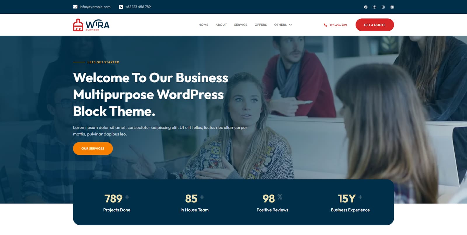 View of Wira Business, one of the best FSE themes for business with pre-designed pages for pricing & reviews.