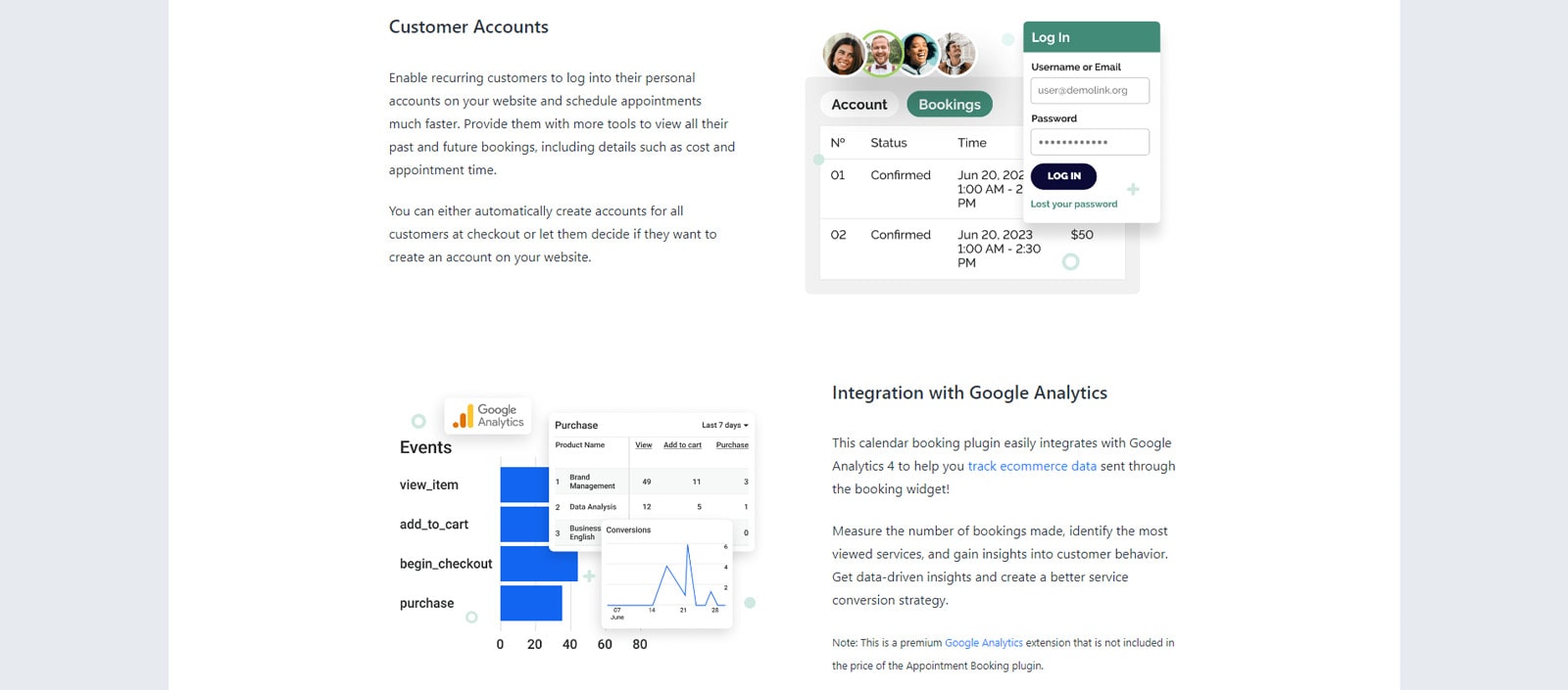 Image of popular features that the Appointment Booking plugin provides.