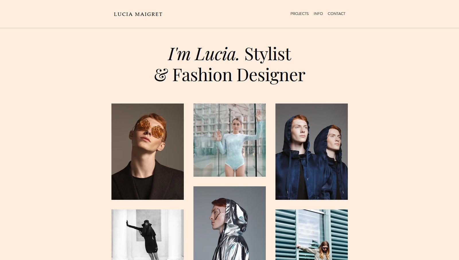 Graphic of Lucia Maigret, customizable Wix theme for portfolio websites with 4 well-designed pages.