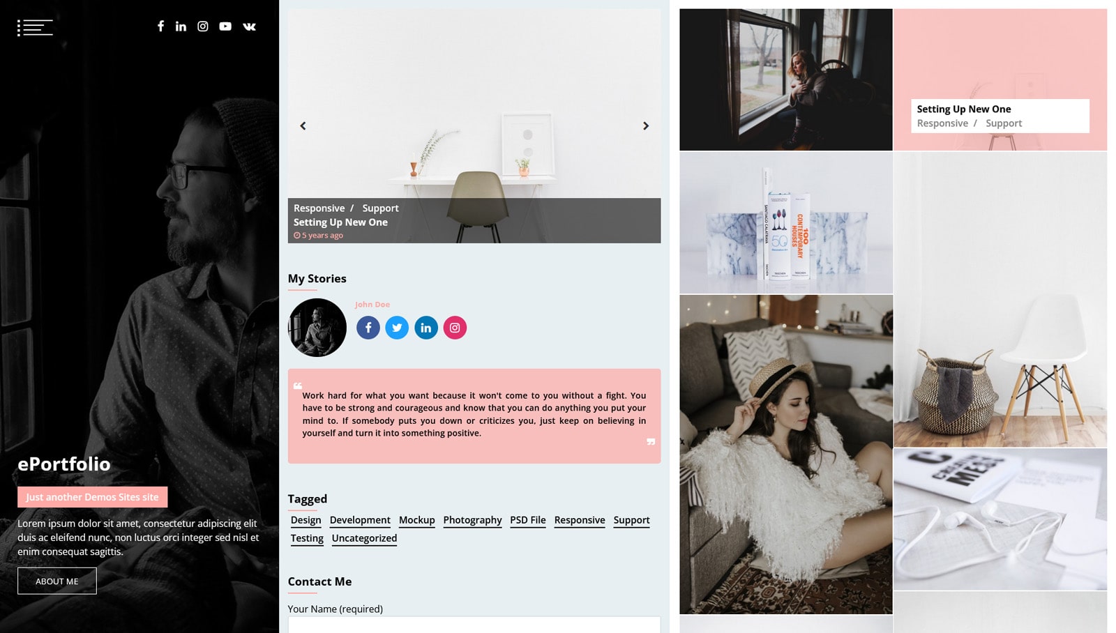 Visual of ePortfolio, free & flexible WordPress theme for creatives with 9 pre-designed pages.