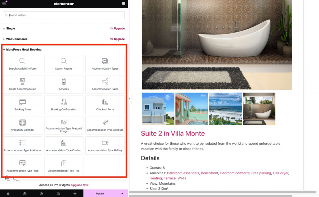 Elementor interface for Hotel Booking.