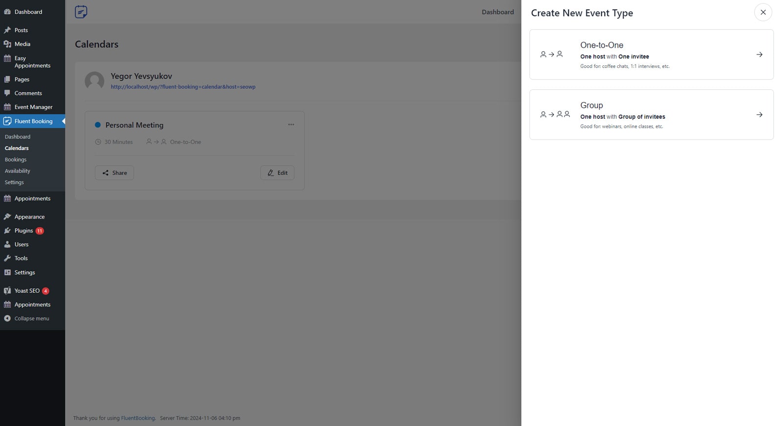 Representation of available meeting types accessible via the FluentBooking dashboard.