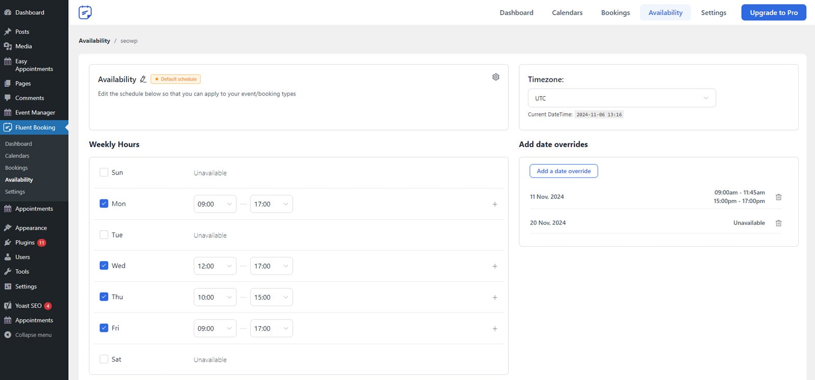 Visual of availability customization interface of FluentBooking.