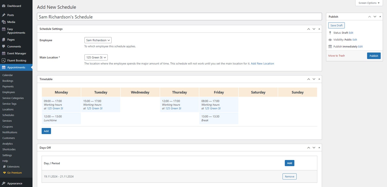 Illustration of employee schedule available via the Appointment Booking WordPress plugin.