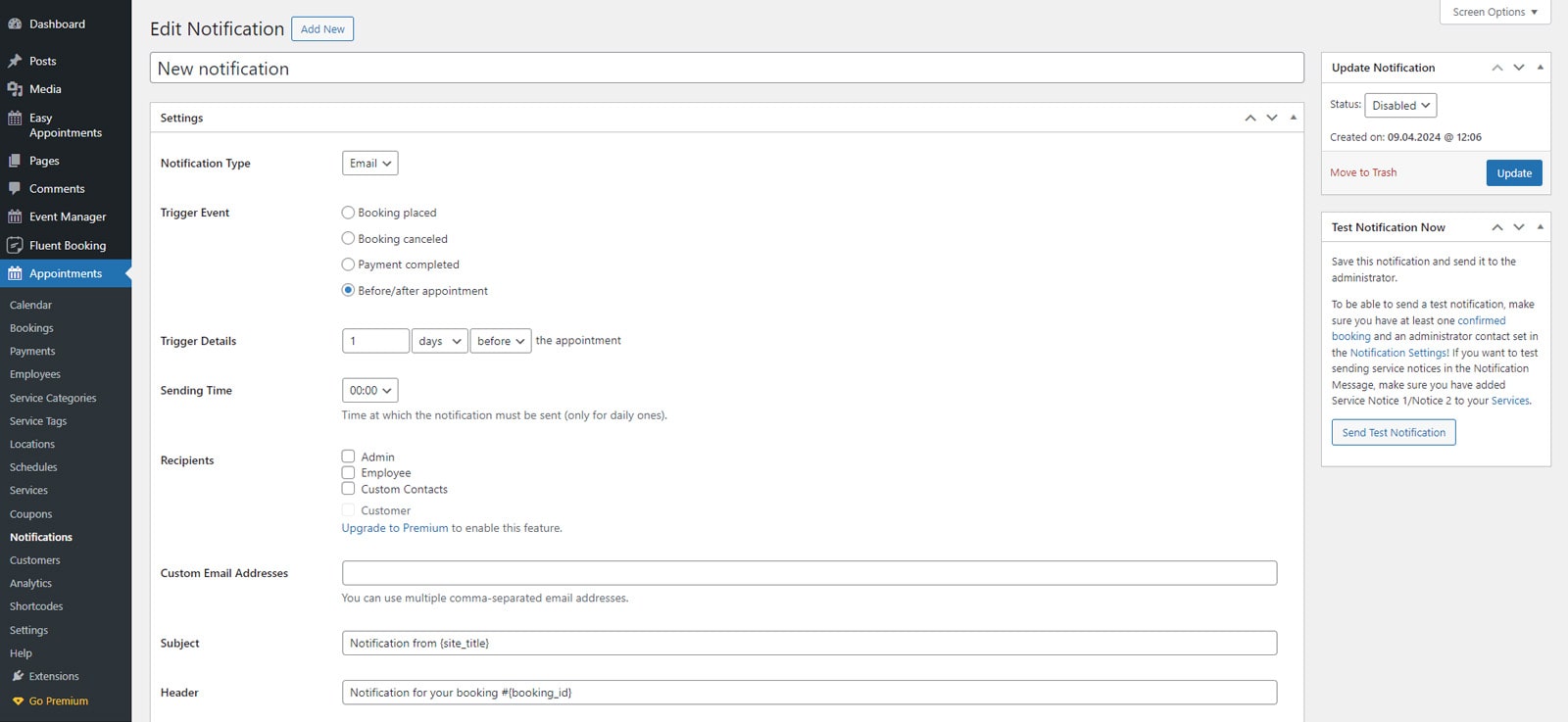 Portrait of email notifications & triggers of Appointment Booking.