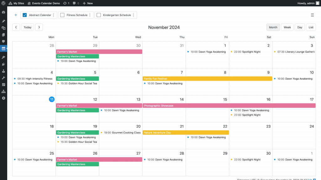 WordPress Events Calendar - Plugin Interface