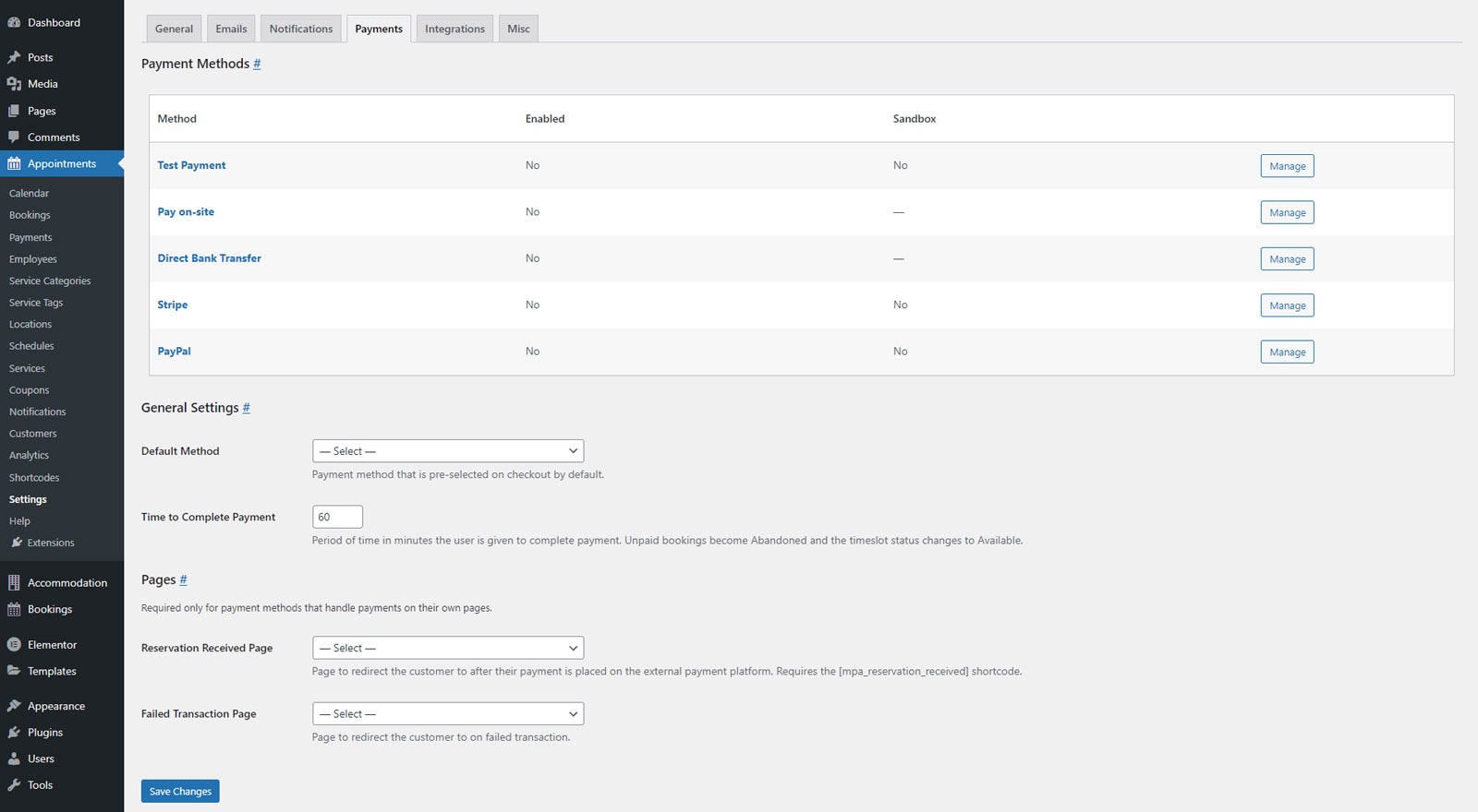 Photograph of payment integrations accessible via Appointment Booking settings.