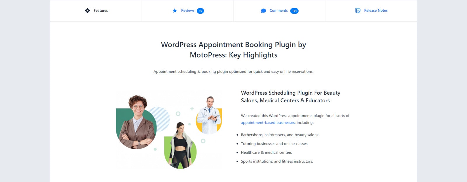 Image of main features of Appointment Booking WordPress plugin.