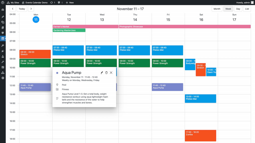 WordPress Events Calendar - Week View