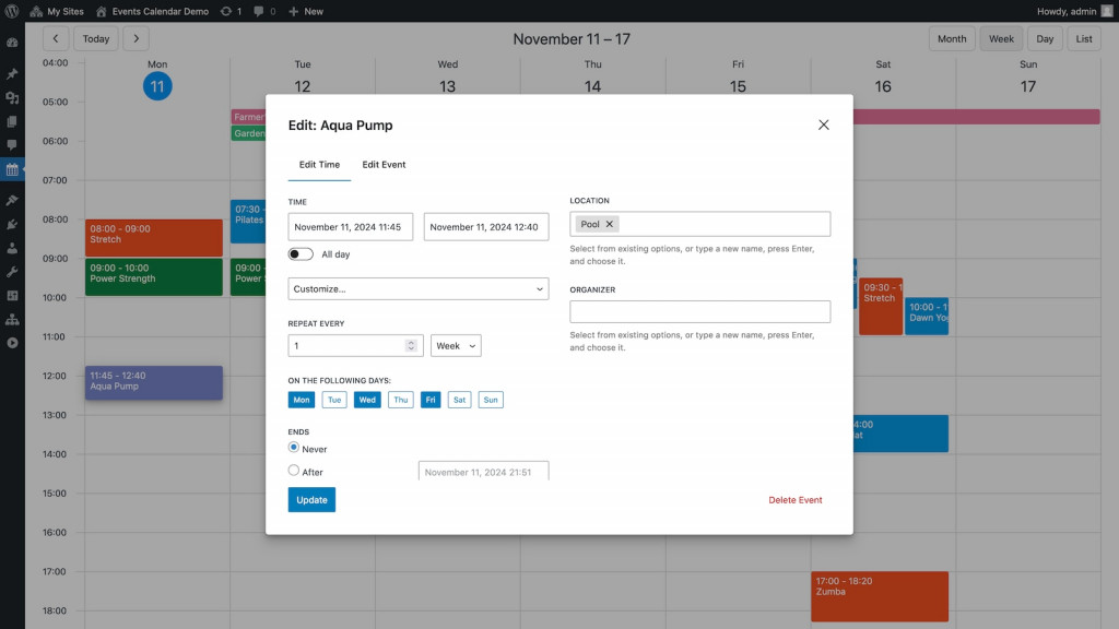 WordPress Events Calendar Plugin - Edit Event