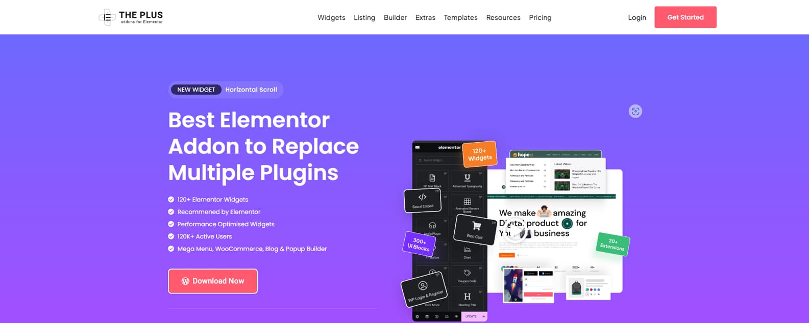 Representation of The Plus Addons for Elementor, a top-rated solution for the leading WordPress page builder with 10 configurable settings.