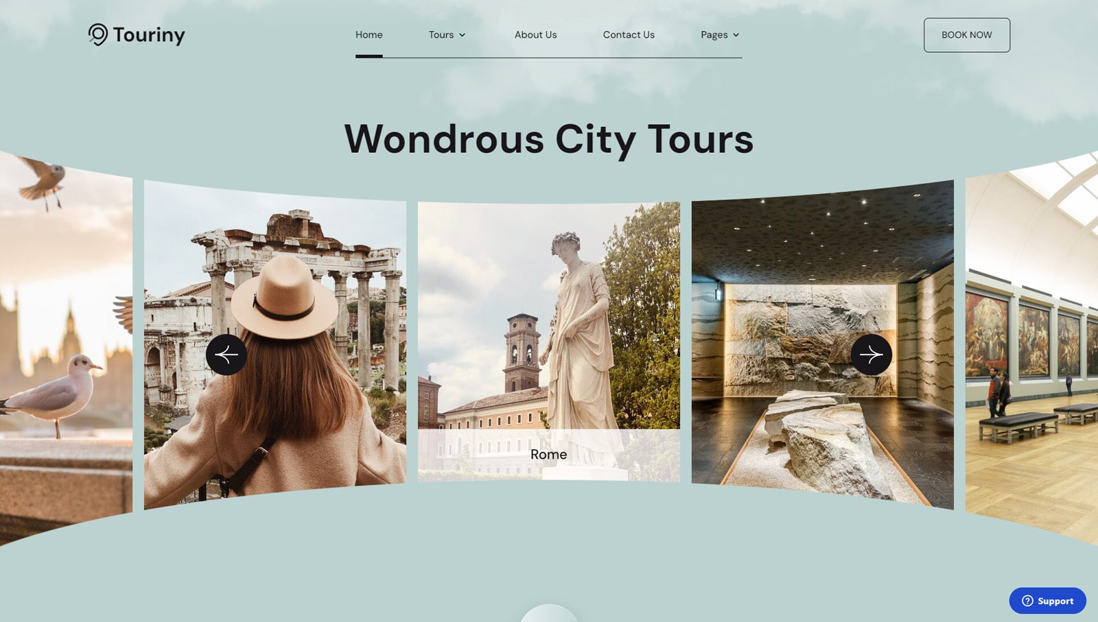 Representation of Touriny, a modern & customizable WordPress theme for travel agency websites.