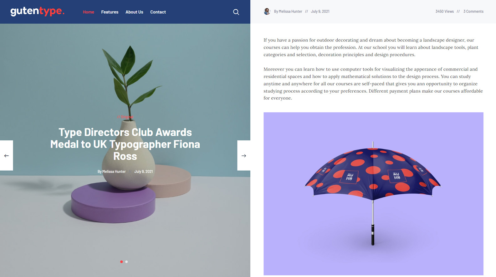 Illustration of Gutentype, one of the minimalist WordPress themes with light and dark modes.