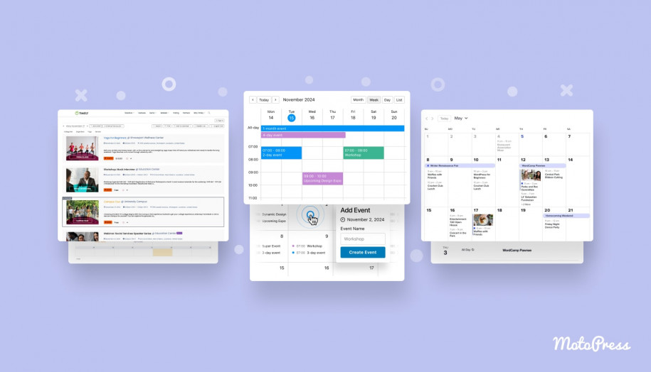 A collage showing examples of WordPress calendar plugins.