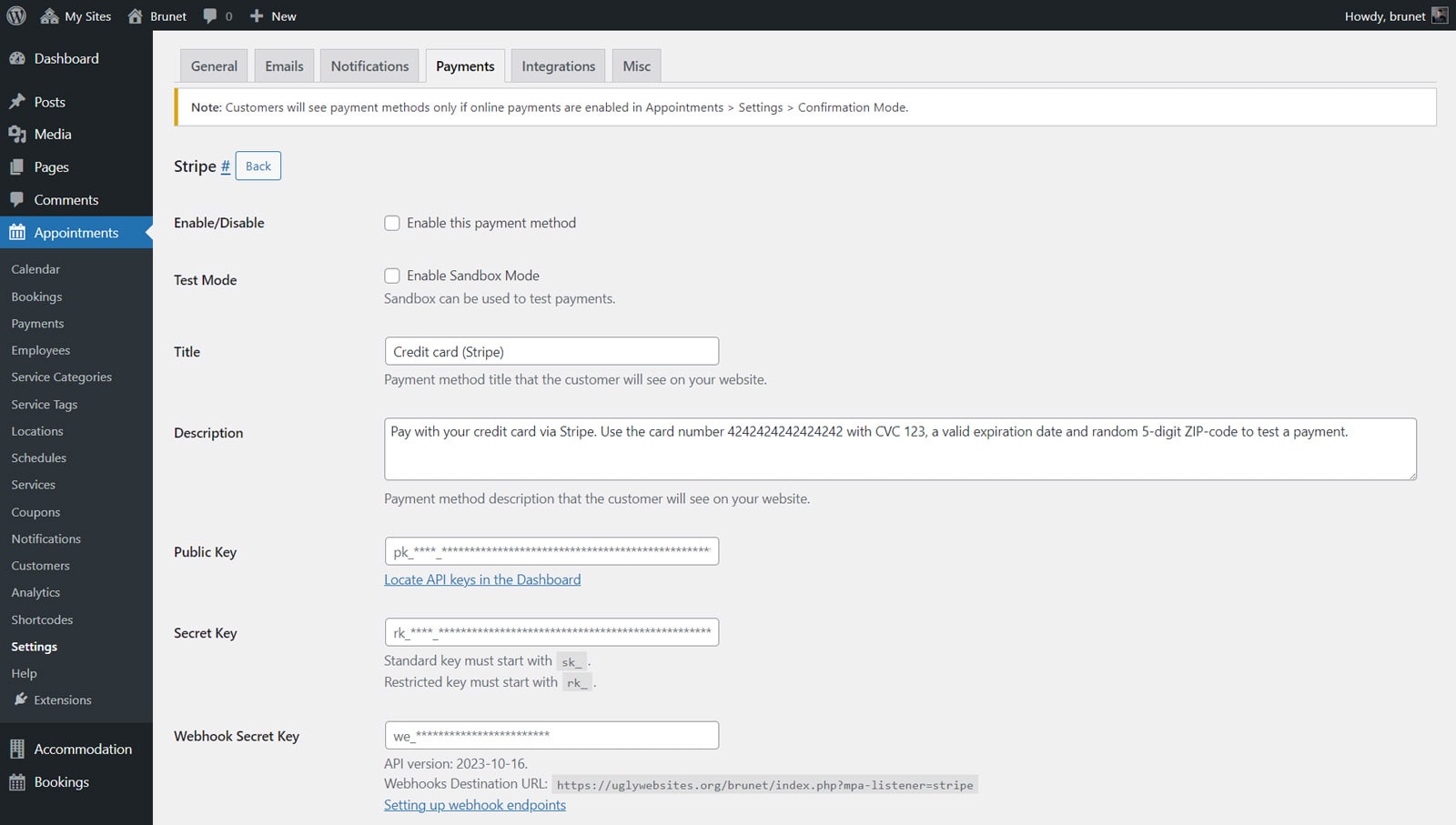 Figure of configuring Stripe payment method using the Appointment Booking plugin.