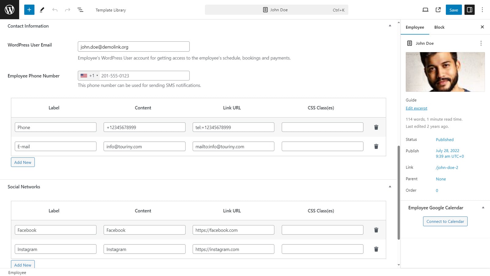 View of configuring the employee profile useful for those who want to create travel agency website.