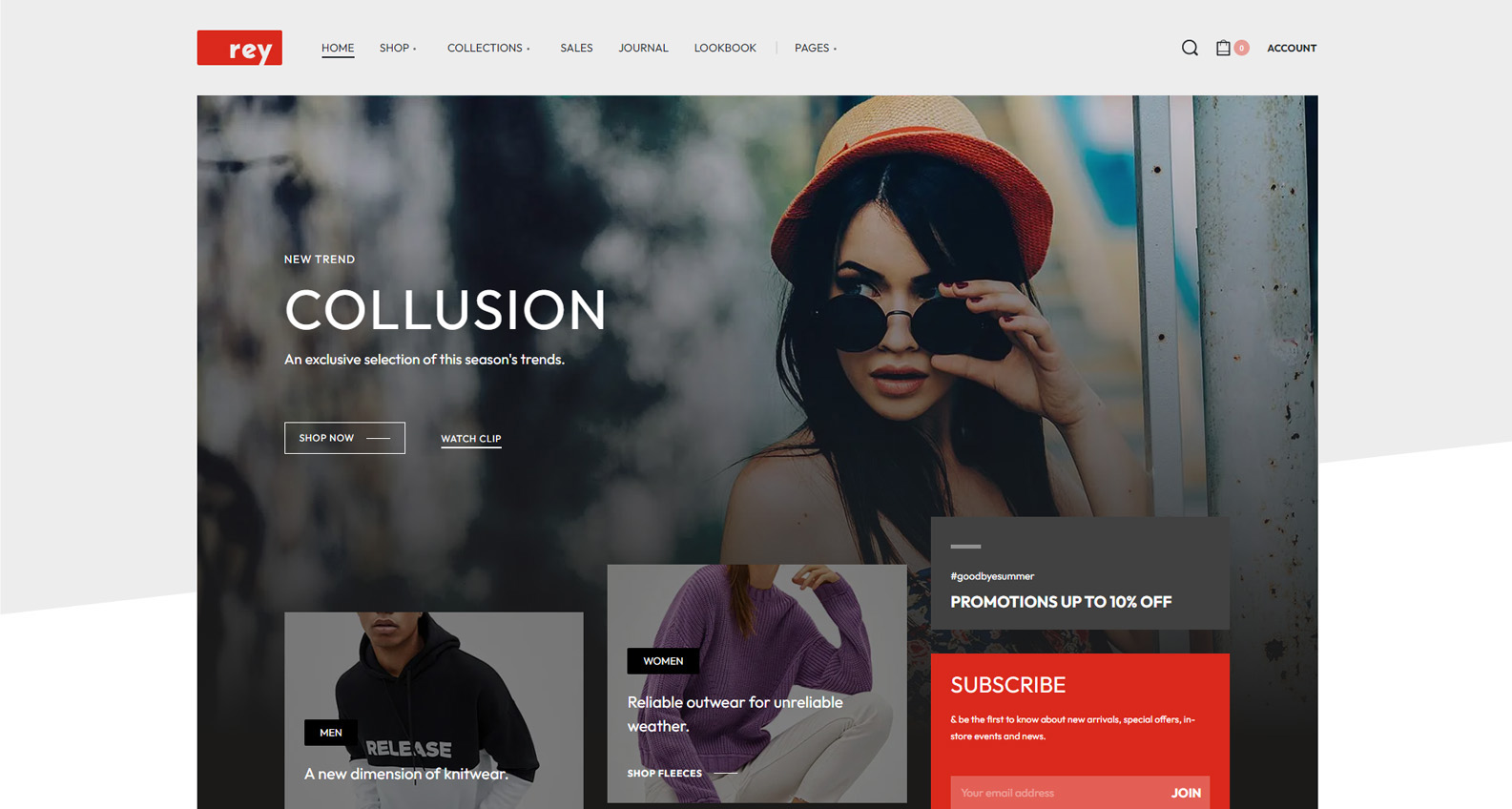 Graphic of Rey, one of the minimalist WordPress themes with 15+ starter site demos.