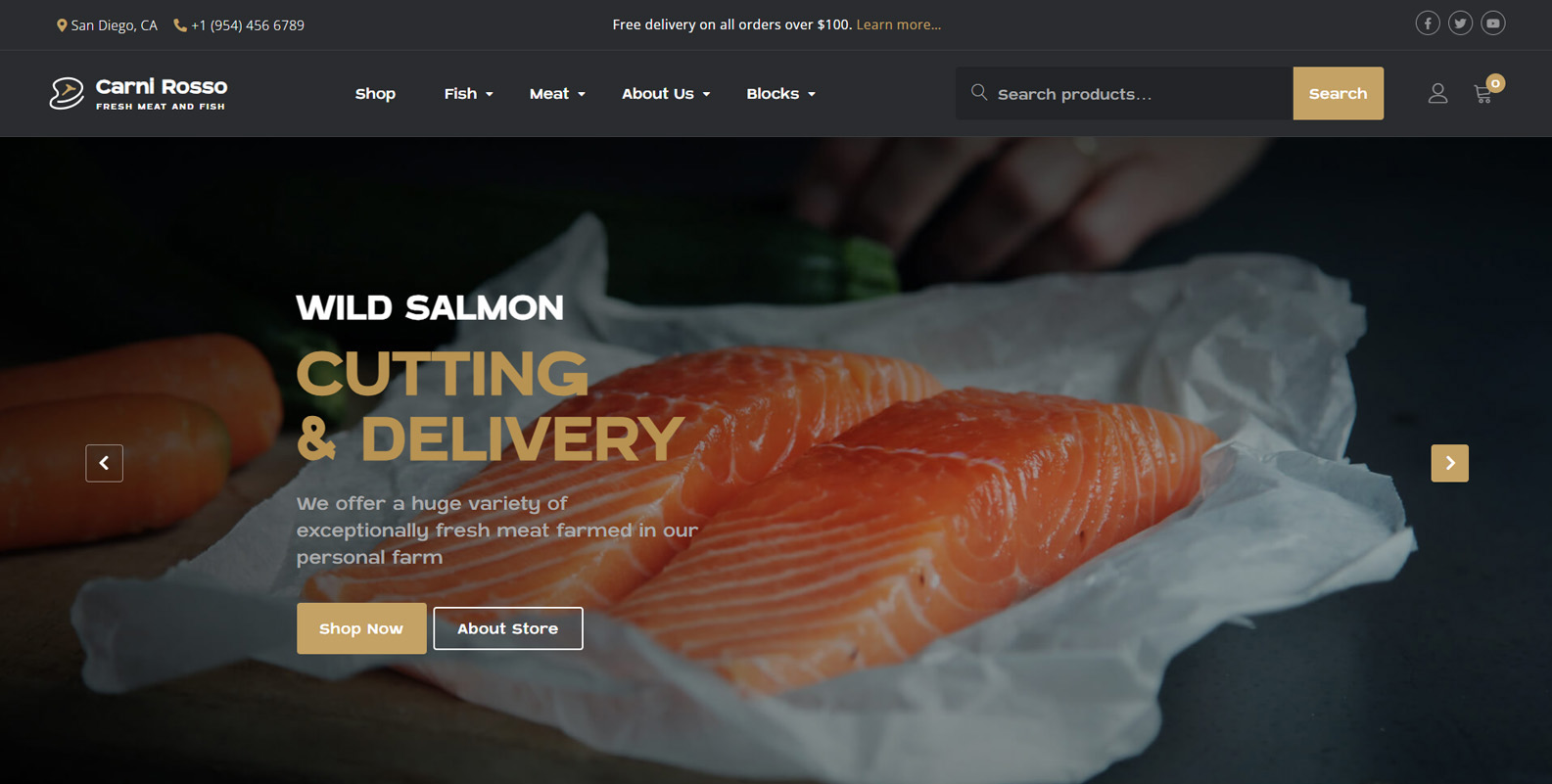 Representation of Carni Rosso, a meat & fish WordPress template with 7 widget zones & 4 navigation menus.